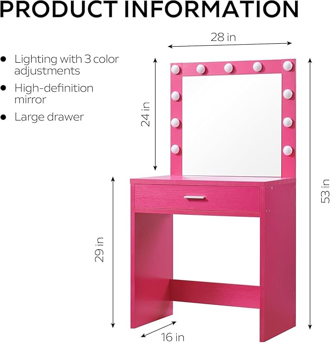 Palimder Vanity Desk with Lamp Bulb Mirror Drawers,Vanity Storage Bench,Makeup Vanities Table for Bedroom,Rose Red