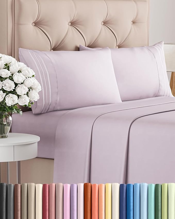 Queen Size 4 Piece Sheet Set - Comfy Breathable & Cooling Sheets - Hotel Luxury Bed Sheets for Women & Men - Deep Pockets, Easy-Fit, Soft & Wrinkle Free Sheets - Light Lavender Oeko-Tex Bed Sheet Set