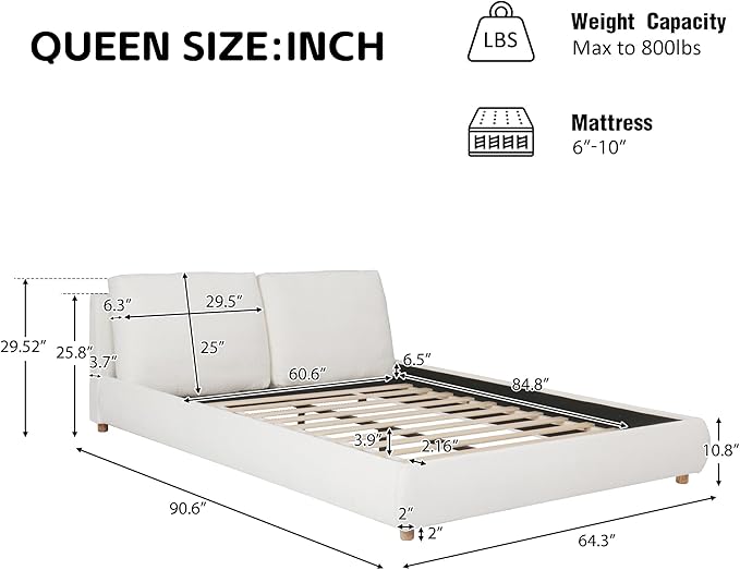 Christopher Knight Home Hazel Queen Size Bed Frame, Upholstered Platform Bed, Soft Boucle Queen Headboard, Removable Pillows Headboard, Wood Slats Support, No Box Spring Needed, Easy Assembly, White