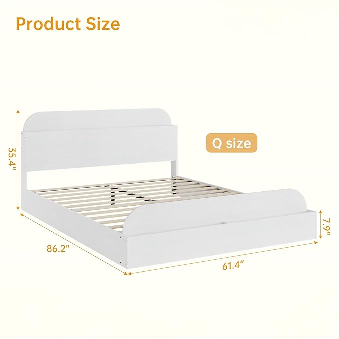GarveeHome Queen Size Bed Frame, Wooden Beds with Storage Headboard and Raised-Foodboard, Queen-Floor Low Platform Bed for Bedroom, Sturdy Wooden Slats Support, No Box Spring Needed, White