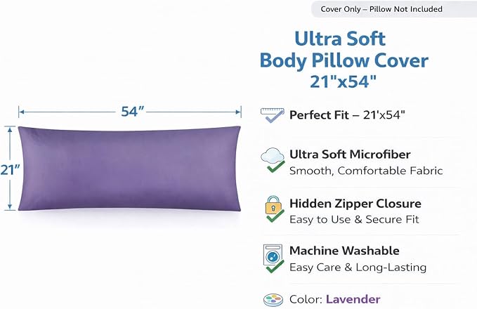 Evolive Ultra Soft Microfiber Body Pillow Cover/Pillowcases 21"x54" with Hidden Zipper Closure (21"x54" Body Pillow Cover, Lavender)