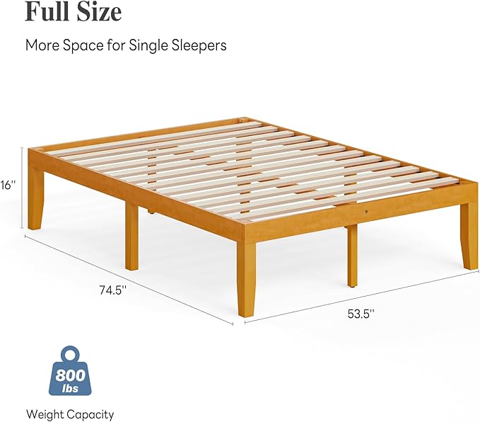 DUMOS Full Size Solid Wood Bed Frame 16 Inches, Sturdy Platform Bed with Heavy Duty Wood Slat Support, No Box Spring Needed, Easy Assembly, Natural Pine