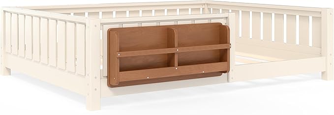 Bellemave Full Size Kids Montessori Bed with Bookshelf,Solid Wood Full Floor Bed Frame with Fence and Slats for Girls Boys,Low-Profile,Beige