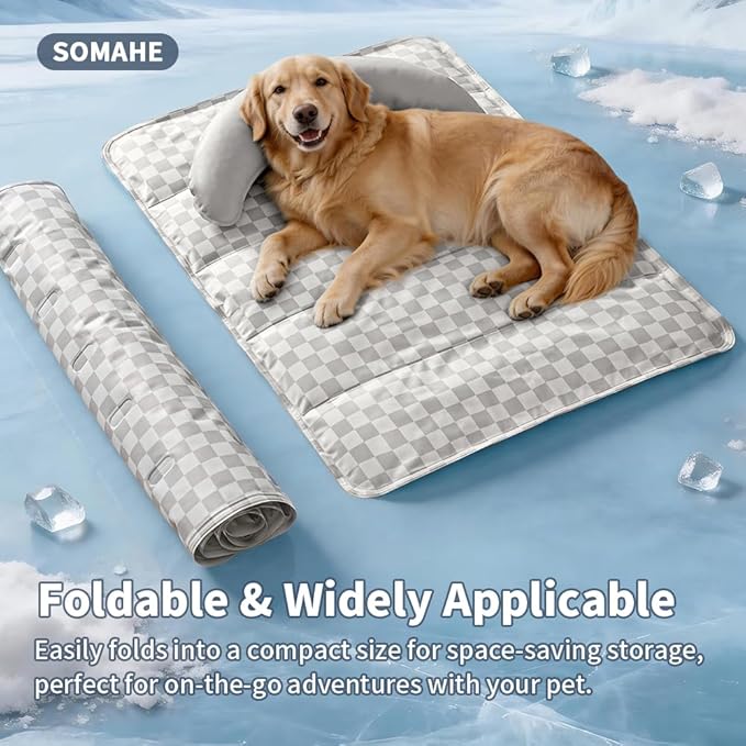 SOMAHE Pet Cooling Mats Pad for Dogs, Portable Summer Self-Cooling Mat with Removable Crescent Pillow for Large Dogs (Q-Max>0.5), Non-Toxic, All-Day Cooling, 35 x 24 Inches Grey