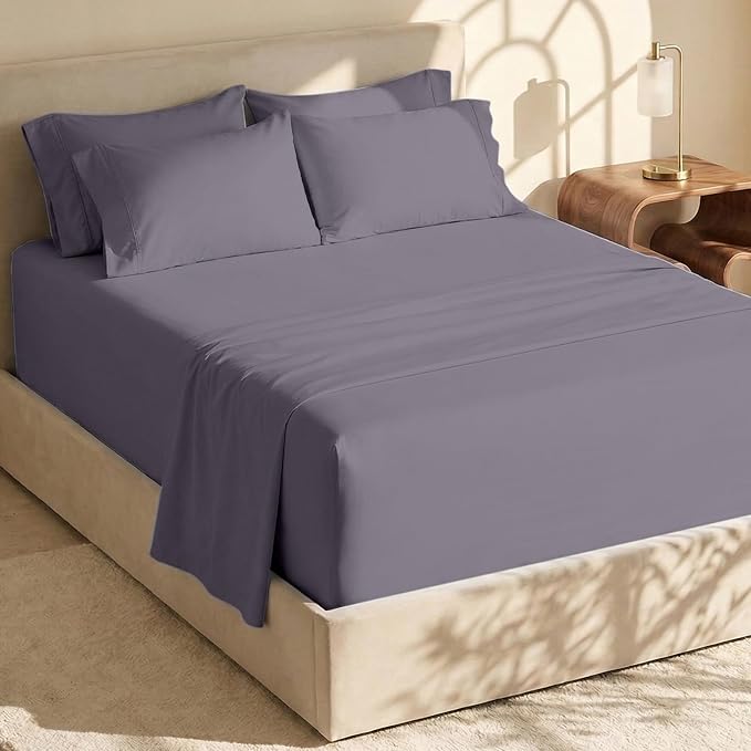 Hearth & Harbor Bed Sheets, Luxury Soft 6 Piece Bed Sheet Set Extra Deep Pocket Fitted Sheets Fits Mattress up to 21", Double Brushed Bedding Sheets & Pillowcases, Twin, Purplish Gray