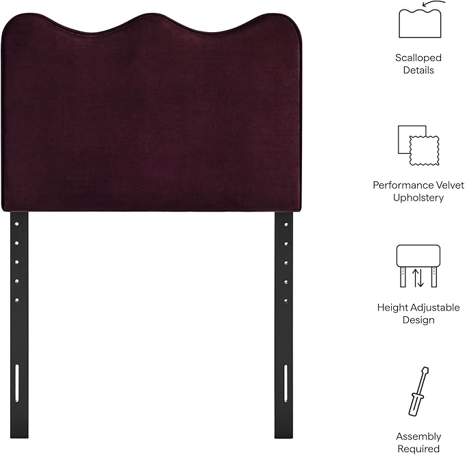 Monday Athena Twin Size Performance Velvet Adjustable Headboard in Mulberry - with Scalloped Wave Design and Stain-Resistant Velvet Upholstery