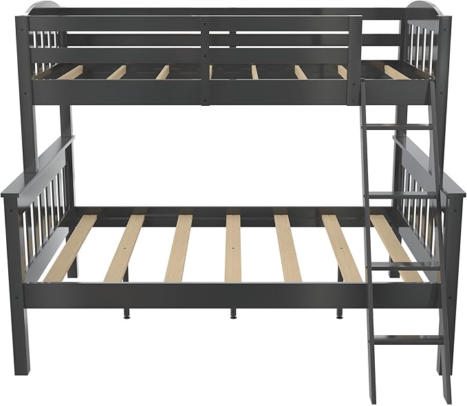 DHP Airlie Convertible Wood Bunk Bed Twin Over Full Size, Stackable and Detachable Bed Frames for Kids, Teens, Angled Ladder, High Guardrail, Wood Slats, No Boxspring Required, Grey