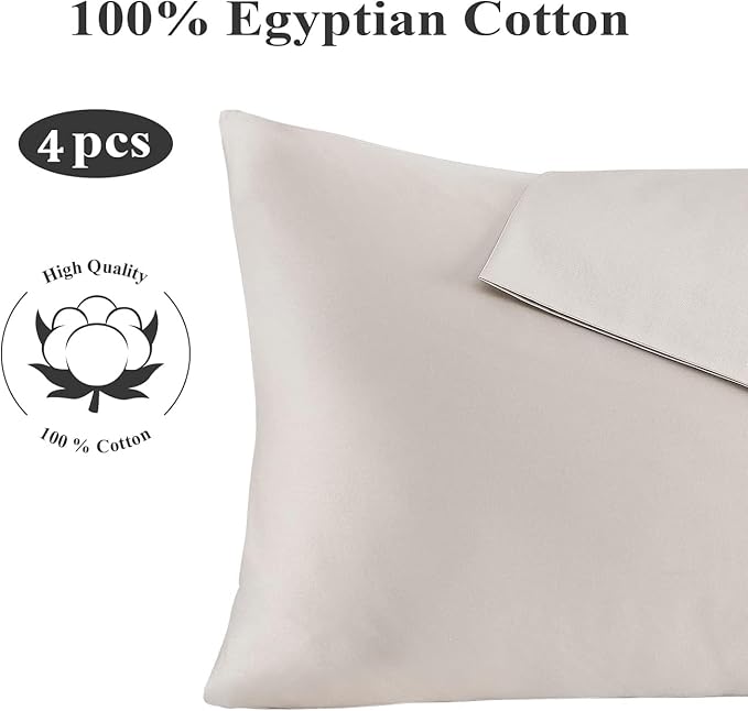 100% Egyptian Cotton Queen Pillow Protectors Set of 4, 400 Thread Count Sateen Weave Cooling Pillowcase, Easy Care Zippered Style Pillow Covers (4 Pack, Light Beige, Queen)