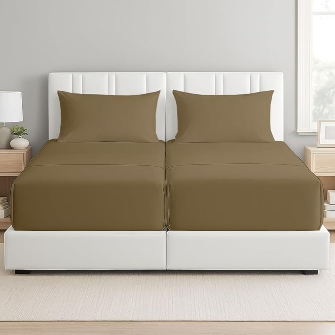 5 Piece Split Cal King Sheet Set, 100% Egyptian Cotton, 16 Inch Deep Pockets, Taupe Solid, Soft Cooling Sheets for Adjustable Beds, Sleep Number Beds, Split Cal King Mattress Sheet Set