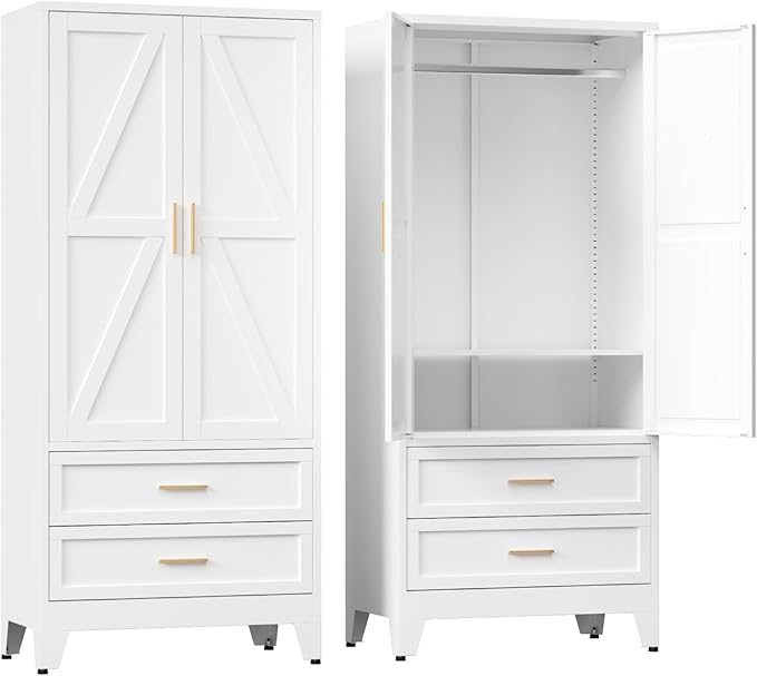 COFaR Armoire Wardrobe Closet with Drawers & Hanging Rod, 71'' Metal Wardrobe Closet with Doors & Adjustable Shelf, Farmhouse Wardrobe Cabinet for Bedroom Home Office, White