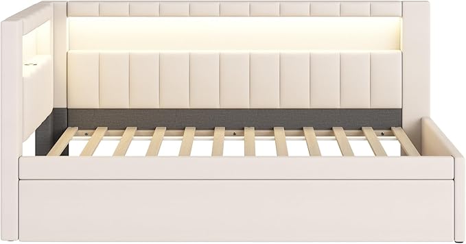 Merax Modern Upholstered Platform Bed Frame with USB Ports & Trundle Bed, Floor Sofa Day Bed, No Box Spring Needed/Easy Assemble/Twin,White