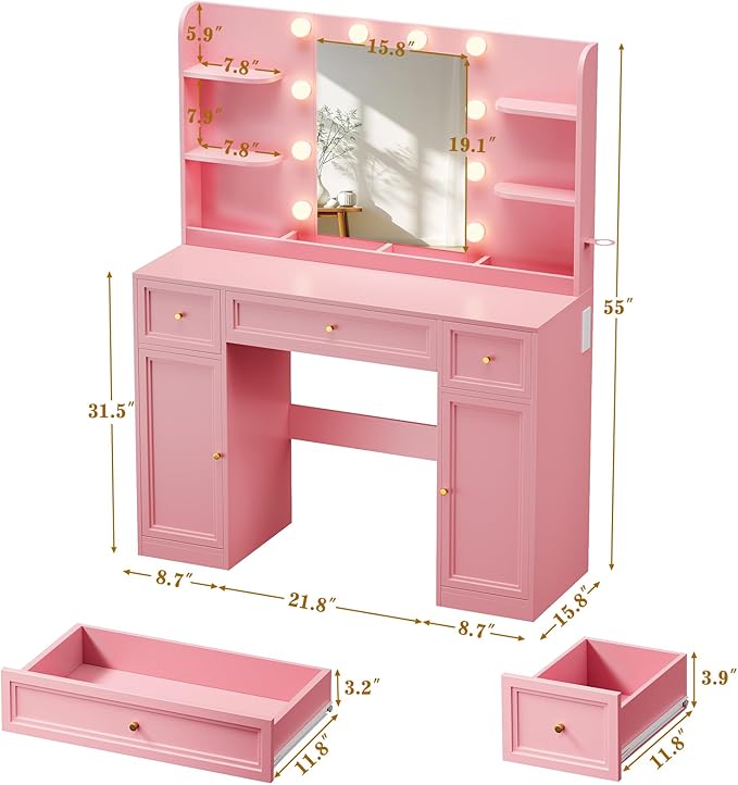Large Vanity Desk with Mirror and Lights, Makeup Vanity with Power Outlets, 3 Drawers and 2 Large Cabinets, 3 Lighting Modes Adjustable Brightness, Dressing Table for Women Girls, Pink