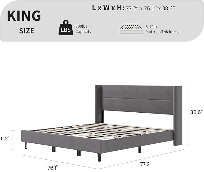 Garvee King Size Bed Frame with Wingback Headboard, Velvet Upholstered Platform Bedframe with Wood Slats, No Box Spring Needed, Easy Assembly, Grey