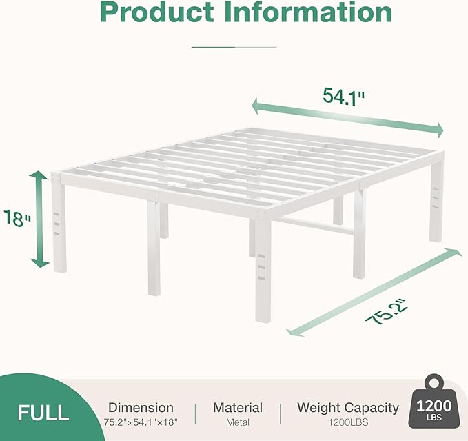 Novilla Full Size Bed Frame, 18 Inch Metal Platform Bed Frame Full Size with Storage Space Under Bed, Heavy Duty Steel Slat Support, Easy Assembly, No Box Spring Needed, White
