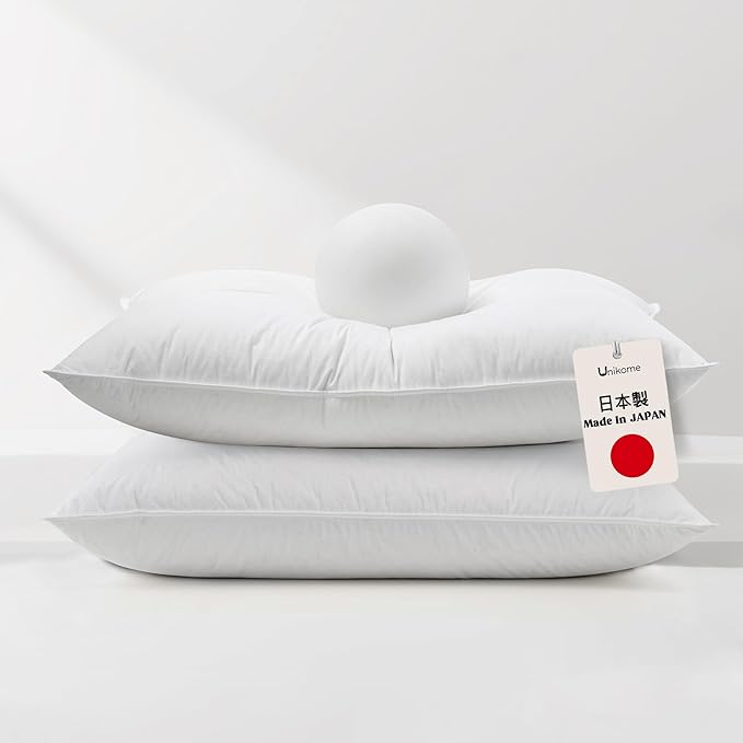 UNIKOME White Goose Down Feather Pillows - 100% Cotton Cover - Queen Size Pillow Set of 2, Made in Japan Pillow for Sleeping