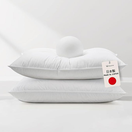 UNIKOME White Goose Down Feather Pillows - 100% Cotton Cover - Queen Size Pillow Set of 2, Made in Japan Pillow for Sleeping