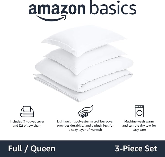 Amazon Basics Lightweight Wrinkle-Resistant Microfiber 3 Piece Duvet Cover Set with Zipper Closure, Full/Queen, Bright White