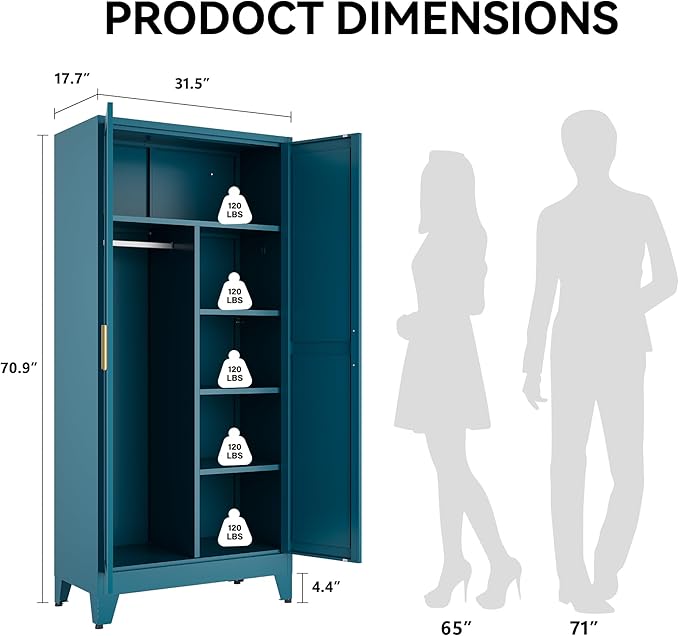 COFaR Peacock Blue Armoire Wardrobe, 71" Metal Closet with Reversible Hanging & Shelving Sections, Freestanding Storage Cabinet with Top Compartment & Adjustable Shelves