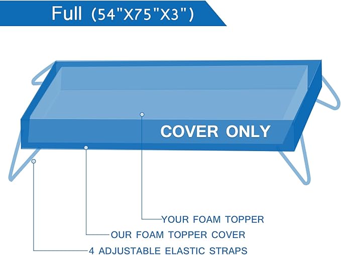 3 Inch Mattress Topper Cover Full (Only Cover) Cooling Rayon Zippered Cover for Mattress Topper with Adjustable Straps for Latex Memory Foam Mattress Cover