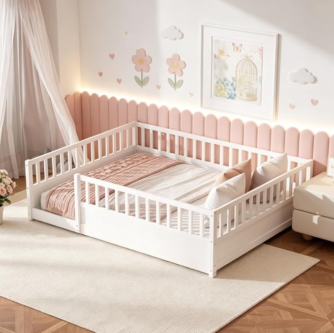 Bellemave Queen Floor Bed with high Fence, Solid Pine Wood Montessori Bed for Kids Girls Boys Floor Bed Frame, White with slats