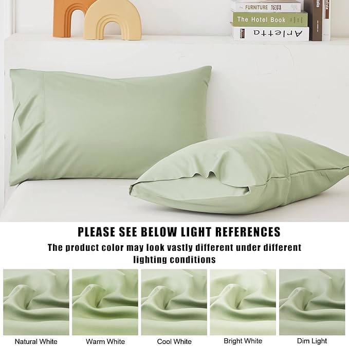 TELUS Green Pillow Cases Queen Size 2 Pack, Bamboo Rayon Cooling Pillowcases with Envelope Closure, Cool Breathable Pillow Cover for Hot Sleepers & Night Sweats, 20x30 inch