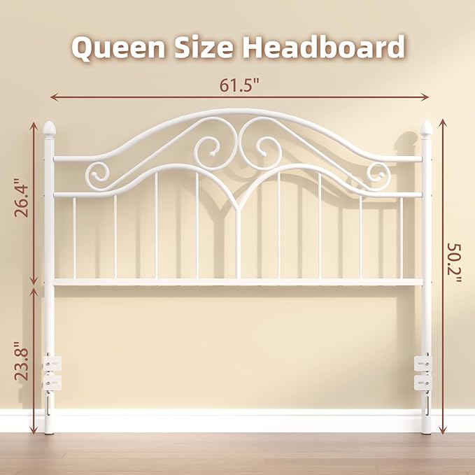 Elephance Headboard for Queen Size Bed Frame, Vintage Platform Bed Metal Headboard Only, Height Adjustable, Sturdy and Stable, Queen Size, Easy Assembly,White