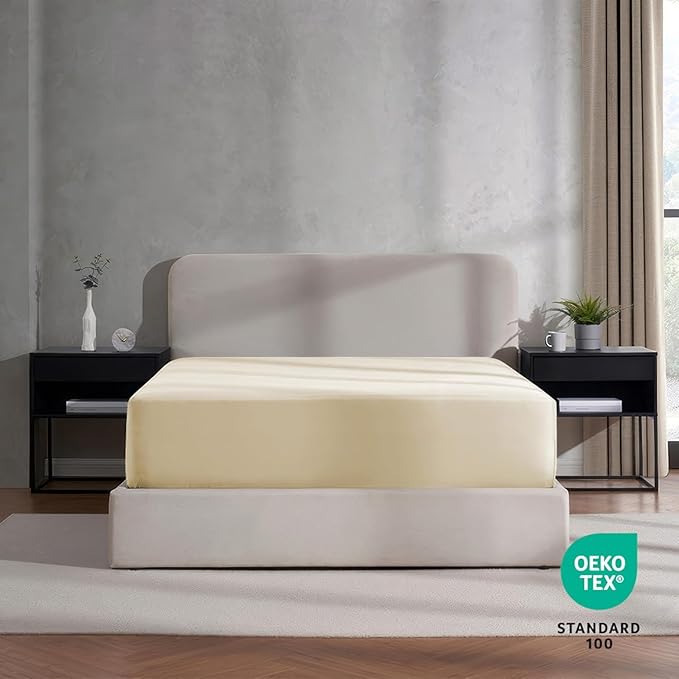 Nestl 2 Pack Beige Cream Fitted Sheet Extra Deep Pocket, Hotel Luxury QueenFitted Sheet Only Easily Fits 18 to 24 Inch Mattress, Super Soft, Wrinkle-Free and Breathable with Corner Straps