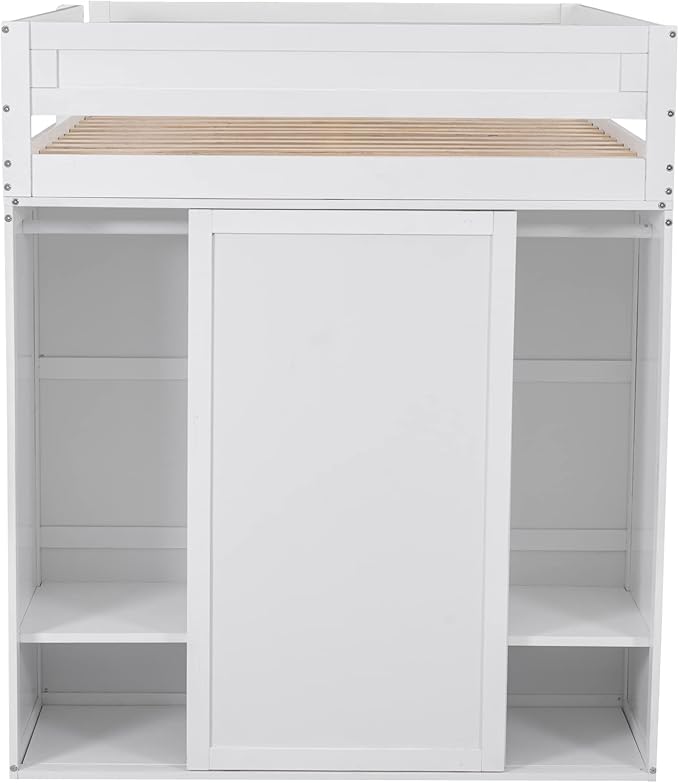 Modern Full Size Loft Bed with Wardrobes and 2-Drawer Desk with Cabinet,Multifunctional Wood Loft Bed for Bedroom,No Box Spring Required (White#Wardrobes, Full)