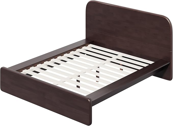 Merax Walnut Queen Size Platform Bed Frame, Modern Minimalist Wood Bed Frame with Rounded Headboard, Heavy Duty 800 lbs Support, No Box Spring Needed