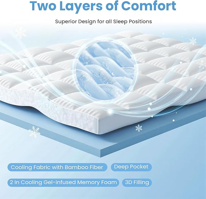 DUMOS Dual Layer Memory Foam Mattress Topper Twin, Gel Memory Foam Mattress Topper and Pillow Top Mattress Pad Cover for Body Pressure Relief, Soft Thick Topper with 8-16 Inch Deep Pocket