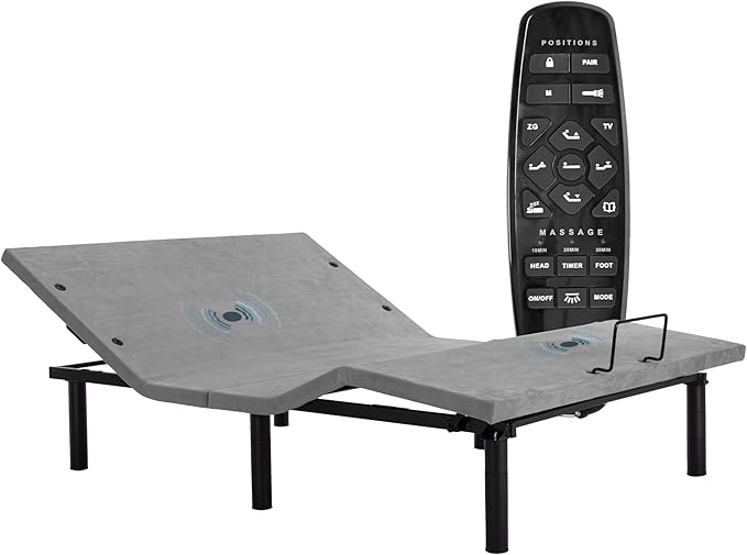 Fromann Adjustable Electric Queen Bed Base Frame with Massage, USB Type-C Ports, Zero Gravity, Under Bed Led Lighting and Three Leg Height (Grey)