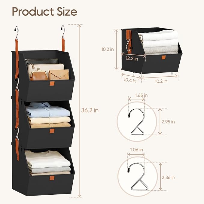 Homsorout Collapsible Hanging Closet Organizer - 3 Tier Closet Shelves Storage System with Hooks, Fabric Hanging Storage Bins for Clothes, Foldable Storage Basket for Laundry, Bedroom, Rv, Black