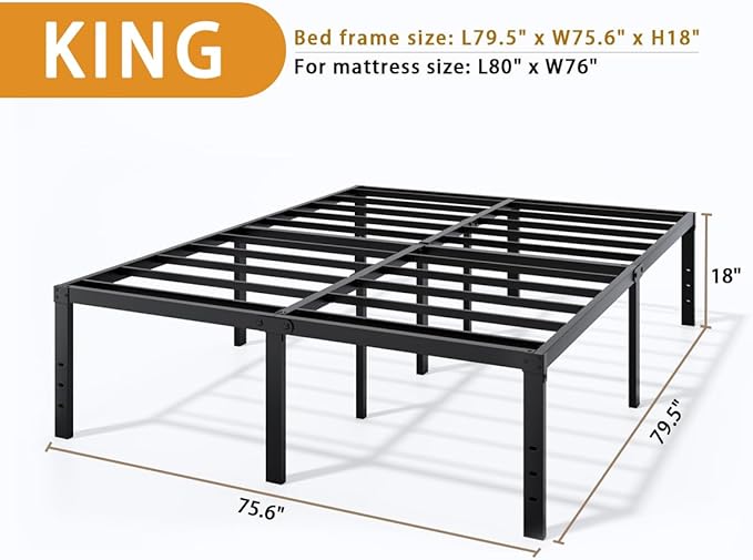 LUMUNANCE Metal Bed Frame King Size - 18 Inch Heavy-Duty King Platform Bed Frame No Box Spring Needed, Easy Assembly, Noise-Free, Sturdy Mattress Foundation, Underbed Storage Space