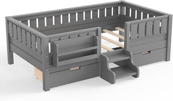 Bellemave Twin Bed with Storage Drawers & Bookshelf, Low Profile Kids Bed Frame with Staircase & Full Length Guardrails, Solid Wood Twin Bed for Kids with Slats Load 300LBS, Easy Assembly, Grey