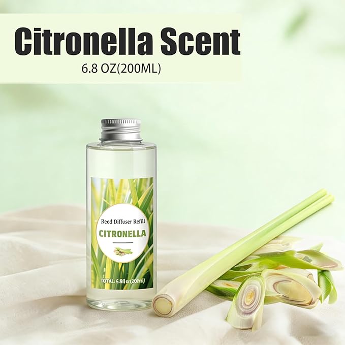 STRN Citronella Reed Diffuser Oil Refill, Citronella Scent 200ML(6.8fl.oz) with 6 Sticks, Air Freshener Long-Lasting Aromatherapy Reed Diffuser Set for Summer Home, Bedroom, Spa, Bathroom