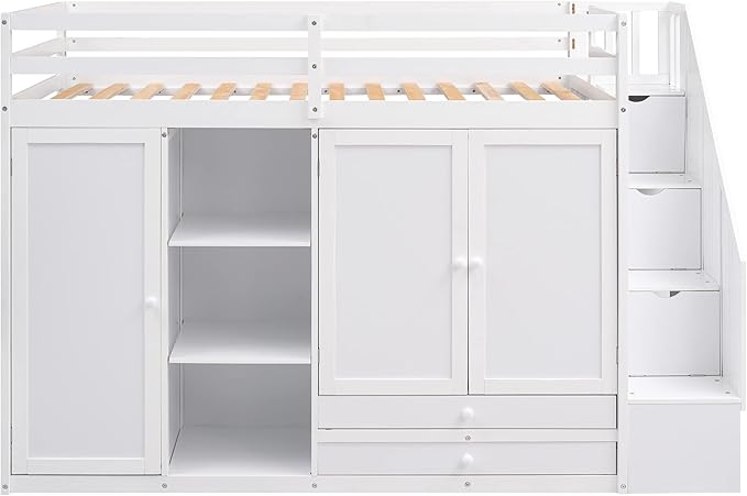 Twin Loft Bed With Stairs and Storage, Wood Frame With 2 Wardrobes, Drawers, Shelves, and Staircase for Kids Teens Adults, White