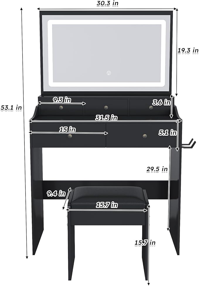 Casaphoria Vanity Desk with Large Mirror, 5 Drawers, Adjustable Lighting & Power Outlet - Modern Black Makeup Vanity Set with Hair Dryer Holder for Bedroom, Dressing Table with 3 Light Colors