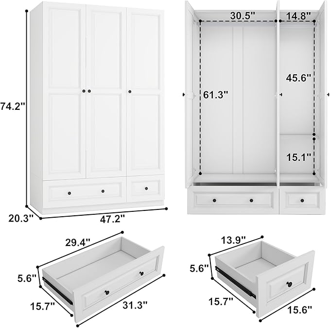 Armoire Wardrobe Closet with Drawers: 74" White Tall Wooden Wardrobe Closet for Hanging Clothes, Large Bedroom Armoires with 2 Drawers, 3 Door Armoire Storage Cabinet (White, 47")