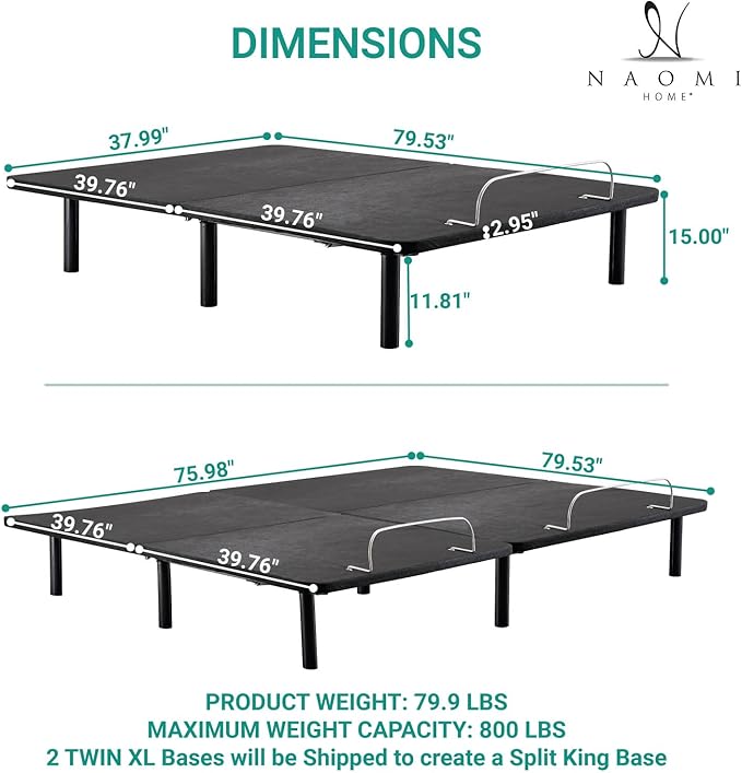Naomi Home Serenity Split King Adjustable Bed Base, Zero Gravity, Wireless Remote, USB Ports, 800 Lb Capacity, Black Metal Frame, Easy Setup for Couples’ Comfort and Relaxation