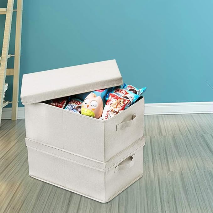 HOONEX Foldable Storage Bins with Lids, 2 Pack, Storage Boxes with Carrying Handles and Sturdy Heavy Cardboard, 16.5" L x 11.8" W x 7.5" H for Shoes, Books, Clothes, Beige