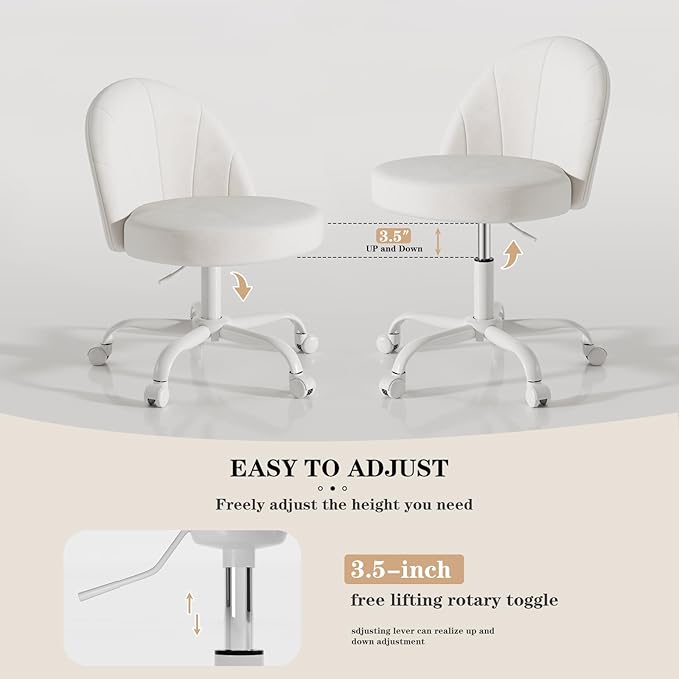 Velvet Vanity Chair with Wheels, Height Adjustable Swivel Makeup Chair, Armless Small Desk Chair for Bedroom/Office/Vanity Table, 250 lbs Capacity (Velvet, White)