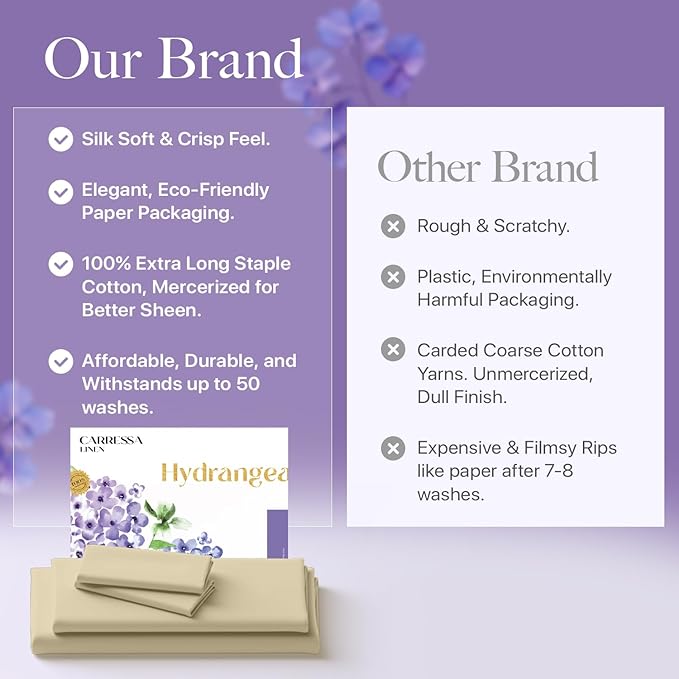 Carressa Linen 100% Egyptian Cotton Twin XL Sheets Set - 600 Series Hydrangeas Collection Luxury Egyptian Cotton Sheets Twin XL Size (3 PC, Sand), 16" Deep Pocket, Sateen Weave Bedding