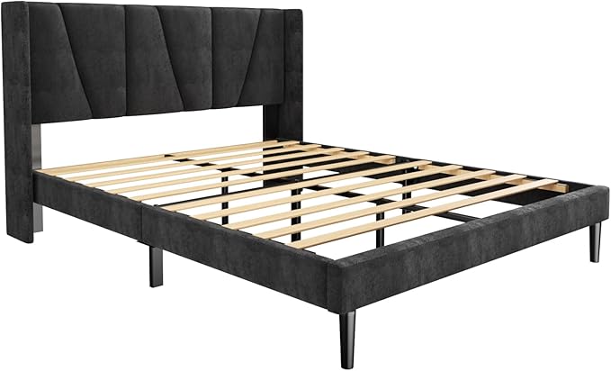 Sismplly Full Bed Frame with Headboard, Velvet Upholstered Full Size Platform Bed with Wingback, Mattress Foundation with Wooden Slat Support, No Box Spring Needed, Easy Assembly, Noise Free, Black