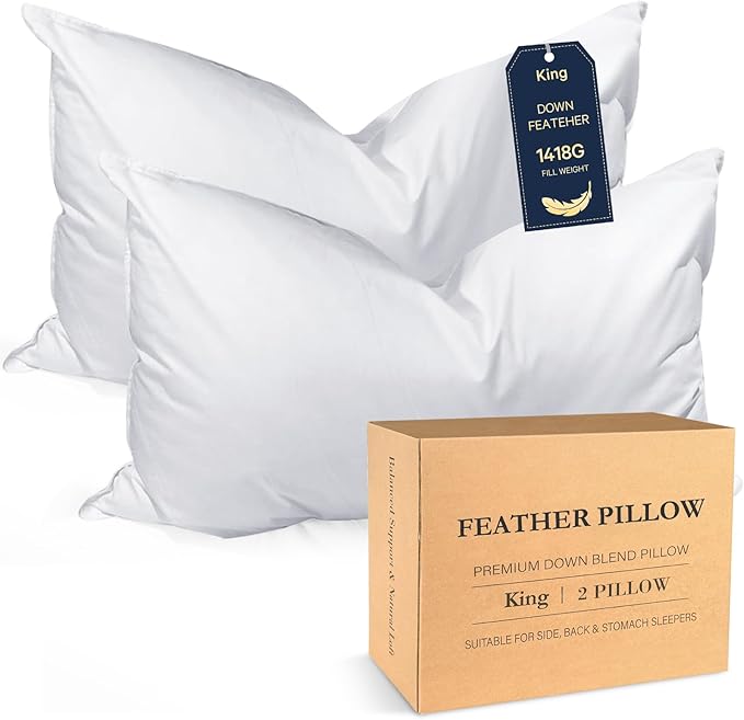 BHZ King Size Pillows Feather Down Set of 2 Hotel My King Pillows Bed Goose Pillow Luxury 2 Pack Pillow for Sleeping Side Sleepers Soft Support Gifts