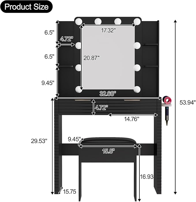 Makeup Vanity Desk with Charging Station & Storage Stool, Black Fluted Vanity Table with 10 Hollywood Bulbs, 3-Color Lighted Mirror, Hair Dryer Holder & Type-C Port, Modern Dressing Table for Bedroom
