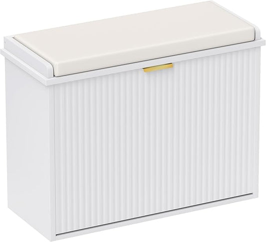 HOMCOM Narrow Shoe Bench with Padded Cushion, Shoe Cabinet with Flip-Drawer and Adjustable Shelf, Small Entryway Bench Holds up to 265lb, 24.4x10.2x18.7 Inches, White