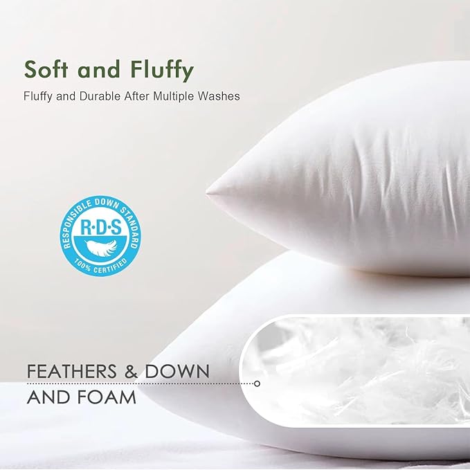 TOPGREEN Feathers Down Pillow Inserts 14x14, Set of 2, 100% Organic Cotton Shell, Soft Decorative Square Throw Pillows for Living Room Sofa, Couch, or Bed (White)