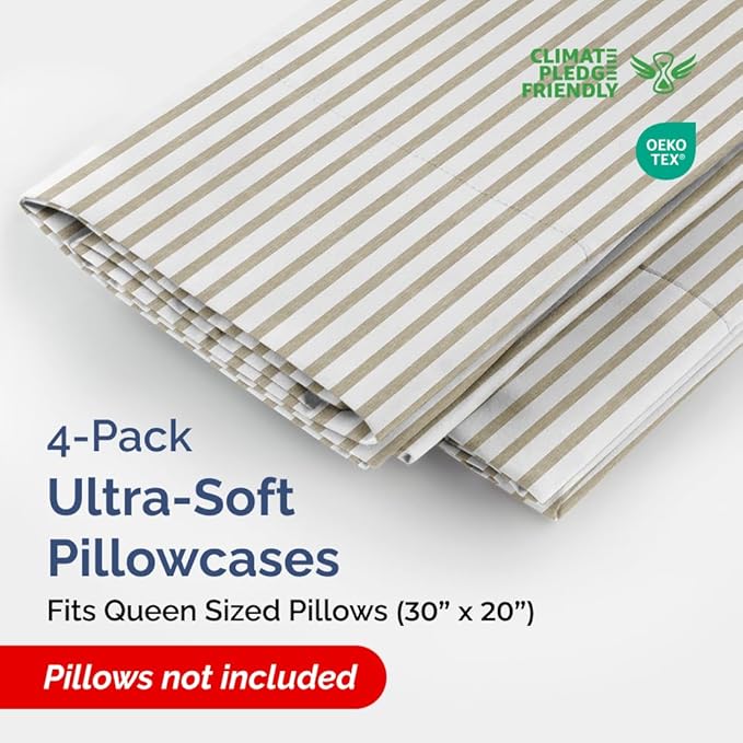 Queen Pillow Cases Set of 4 - Ultra Soft Hotel Quality Pillowcase Covers - Comfy, Cozy & Wrinkle Free - Shrinkage & Fade Resistant - Machine Washable Pillow Protectors - 4 Piece Set - Beige Stripes 2