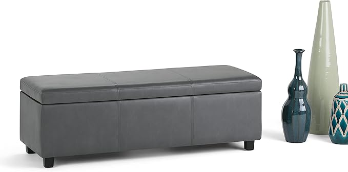 SIMPLIHOME Avalon Storage Ottoman Bench - 48" Wide x 16" High Upholstered Vegan Leather Rectangular Lift-Top Ottoman in Stone Grey, Contemporary Storage Bench for Living Room with High-Density Foam