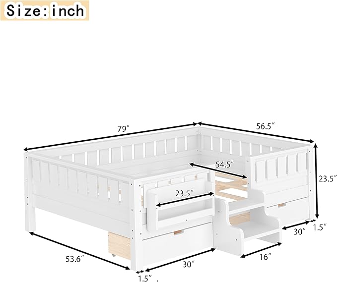 Bellemave Full Size Kids Montessori Bed with Stairs and Bookshelf,Solid Wood Full Size Kids Bed Frame with Drawers and Storage for Girls Boys,Low-Profile,White
